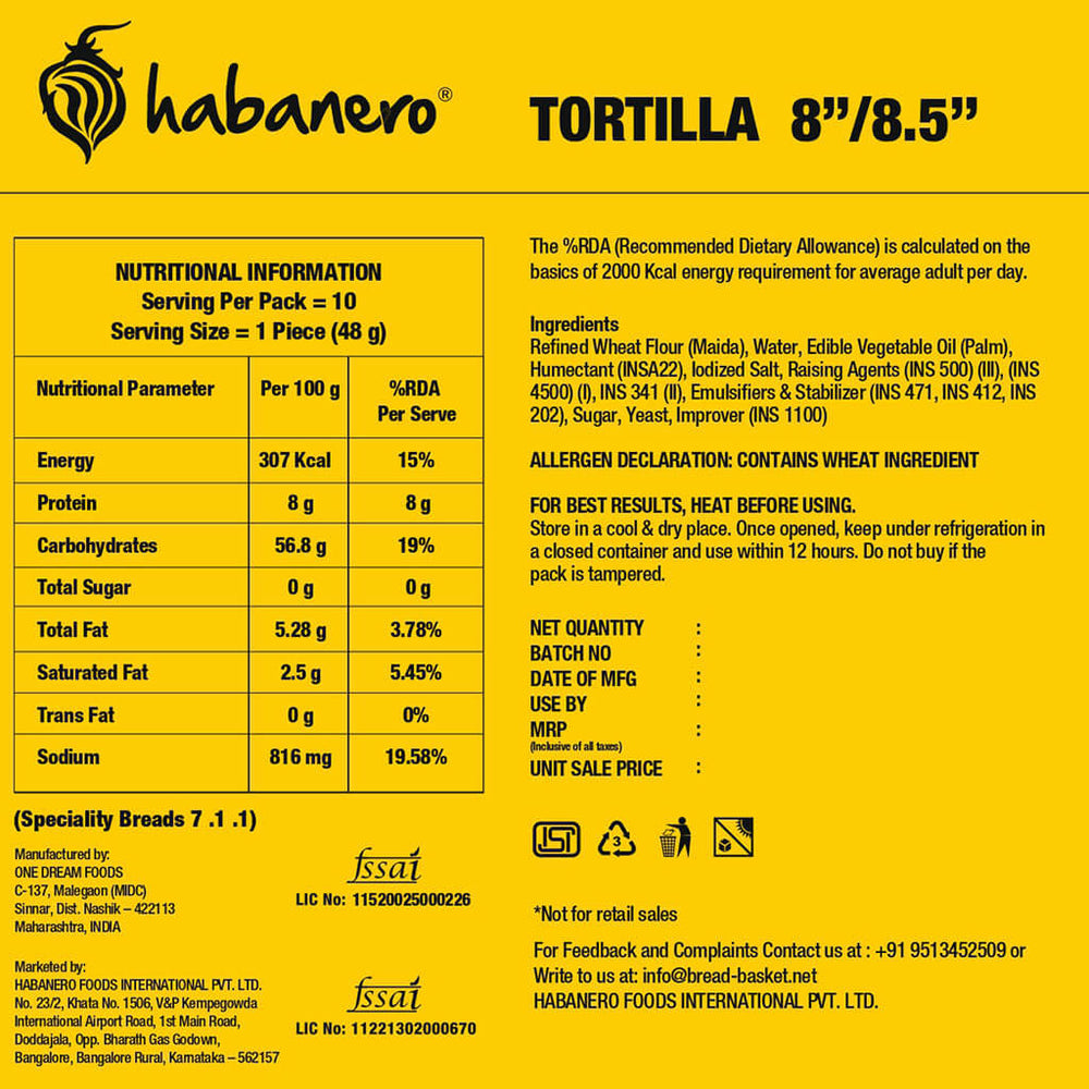 Habanero Mexican Flour Tortilla Wraps | 8.5 Inches | Pack of 5