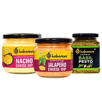 Flavorful Trio Combo Pack - Basil Pesto Dips, Jalapeño Cheese Sauce, and Nacho Cheese Dip