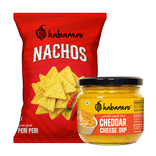 Habanero Peri Peri Nachos + Cheddar Cheese Dip | Crunchy Corn Chips with Peri Peri Flavour & Cheddar Cheese Dip | Gluten-Free Snack Combo | 70g + 300g