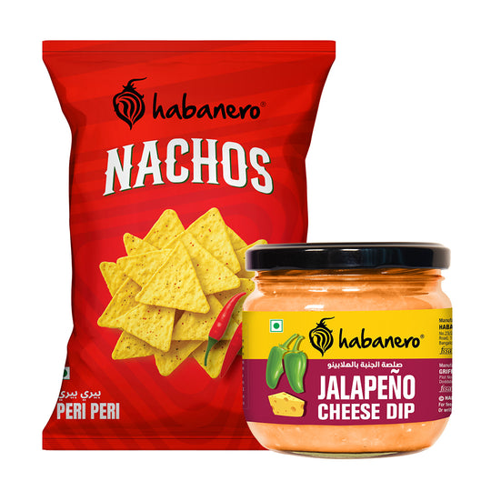 Habanero Peri Peri Nachos + Jalapeno Cheese Dip | Crunchy Corn Chips with Spicy Peri Peri Flavour & Jalapeno Cheese Dip | Gluten-Free Snack Combo | 70g + 300g