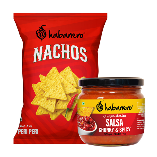 Habanero Peri Peri Nachos + Spicy Salsa Dip | Crunchy Corn Chips with Peri Peri Flavour & Spicy Salsa | Gluten-Free Snack Combo | 70g + 250g